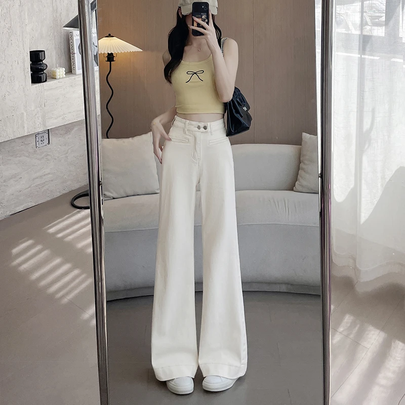 夏季薄款米白色高腰阔微喇牛仔裤女高腰弹力宽松显瘦裤子9788