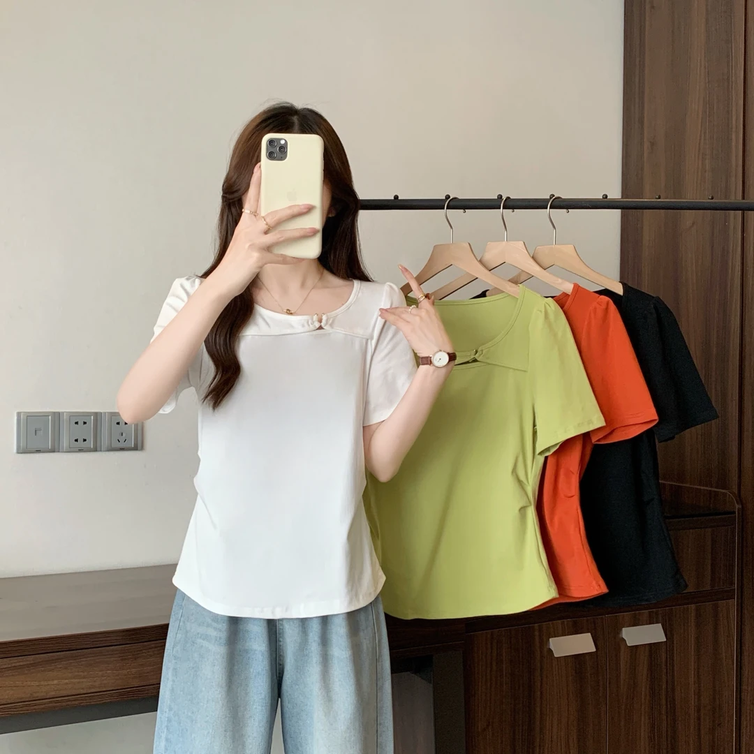 清2025夏新款胖mm大码女设计感正肩显瘦短袖T恤修身圆领上衣63789