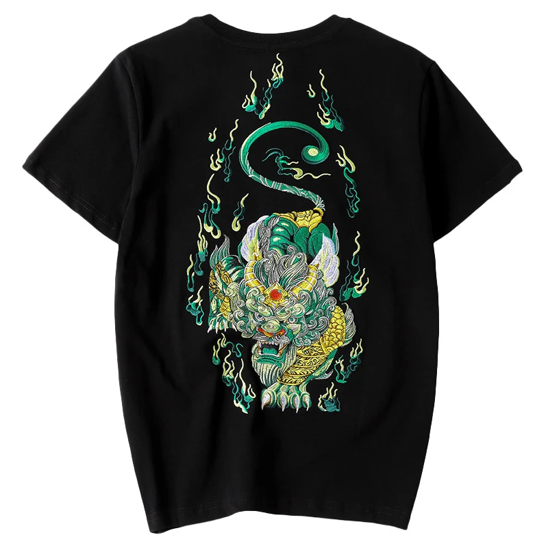 香港潮品新款夏中国风貔貅重工刺绣短袖T恤国潮纯棉圆领半袖男士