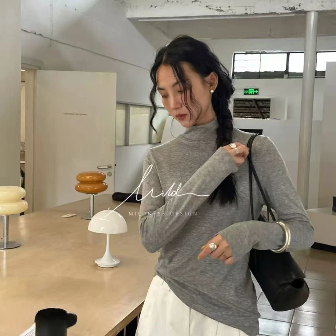 中长款长袖常规百搭半高领秋冬T恤莫代尔内搭ins打底衫时尚上衣