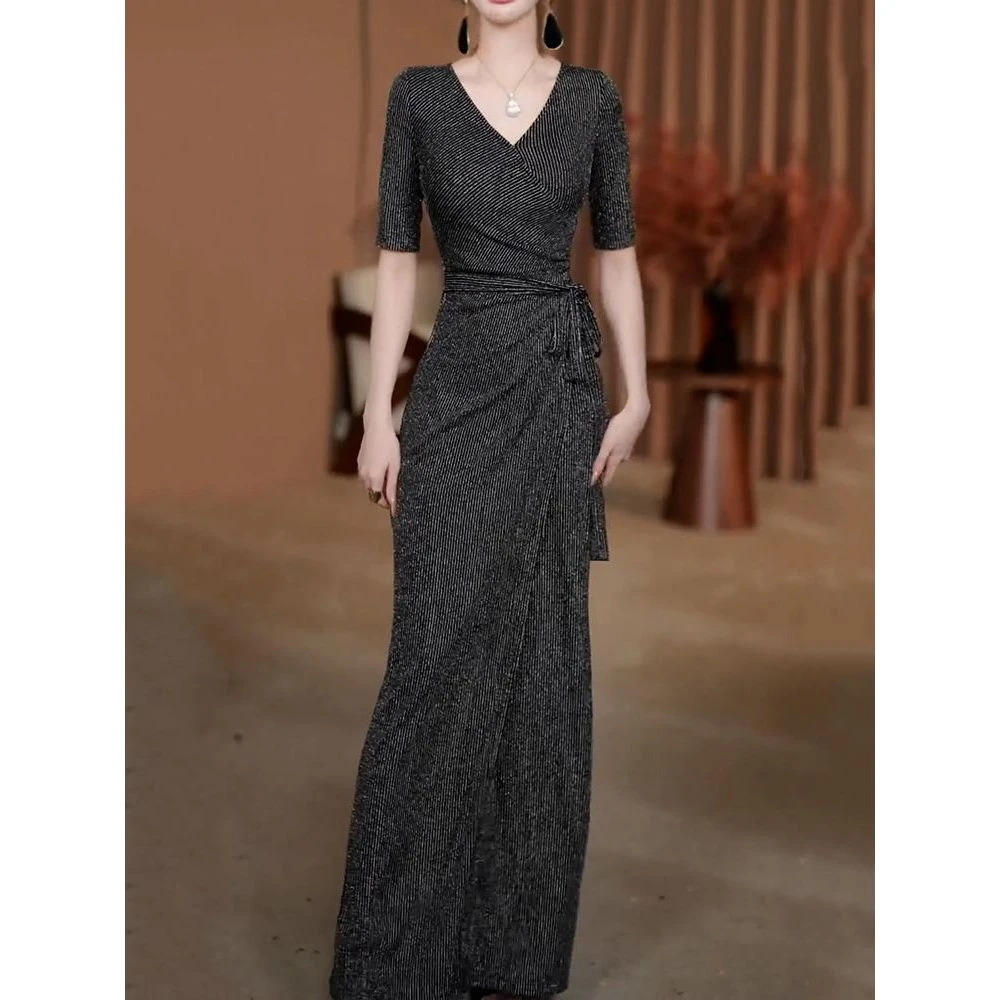 优雅女神范V领连衣裙女2025夏季新款时尚洋气绑带收腰显瘦包臀裙