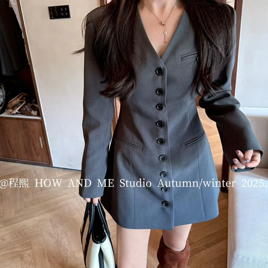 法式时尚连衣裙女2025秋季新款洋气设计感收腰显瘦长袖西装短裙子