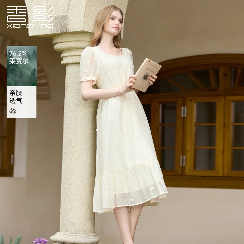 L85S368连衣裙 香影樱花立线绣连衣裙夏季新款泡泡袖花边方领裙子