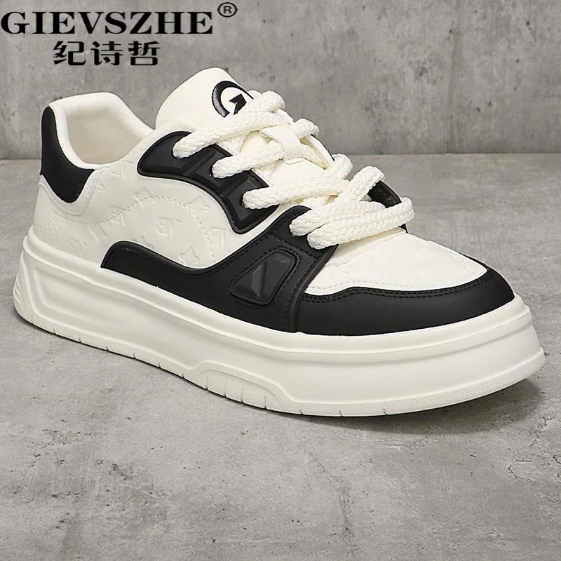 纪诗哲男士爆款潮流百搭拼色板鞋牛皮厚底增复古防滑男士拼色板鞋