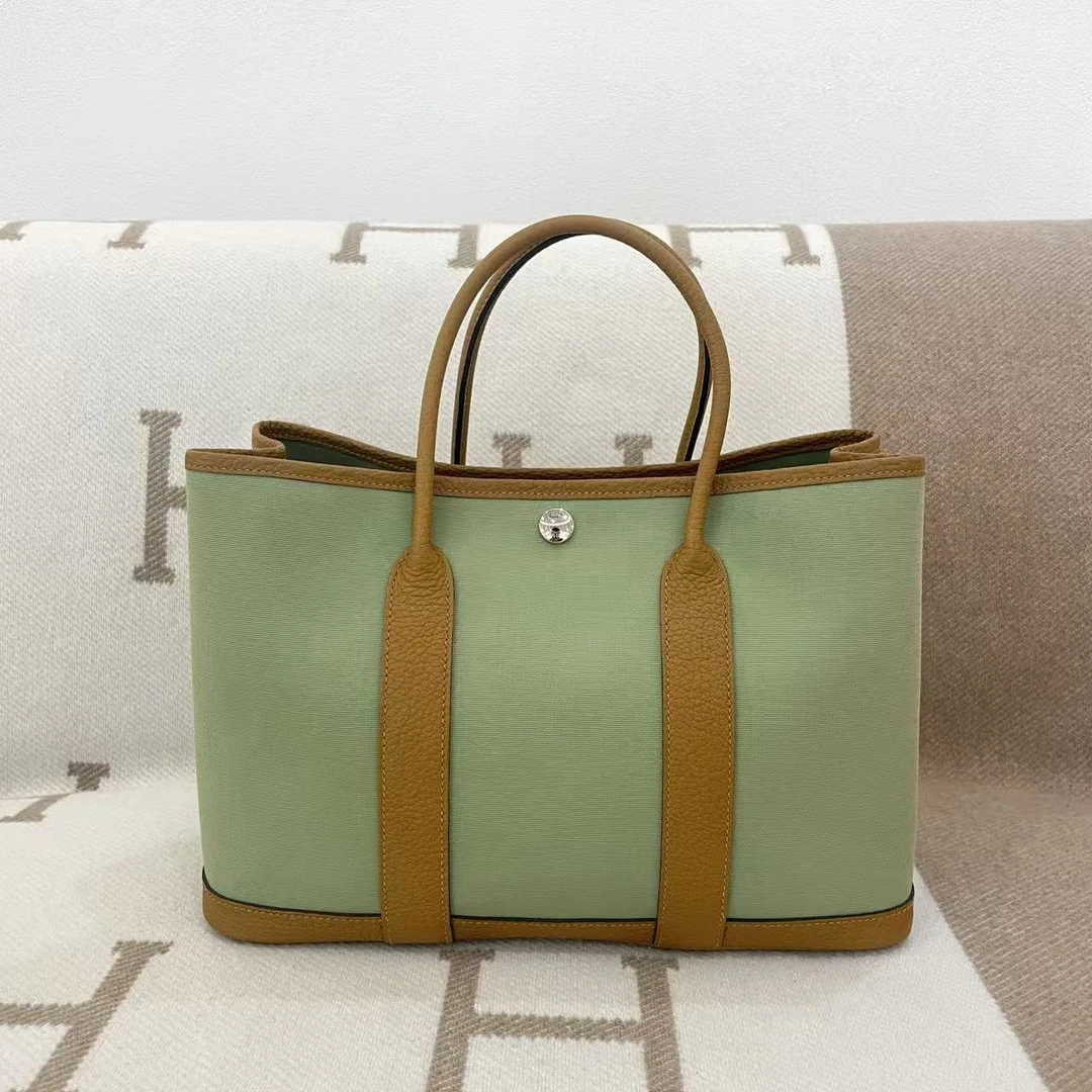 99新 Hermes/爱马仕 garden party 30 Y帆布牛油果绿芝麻色0914m2