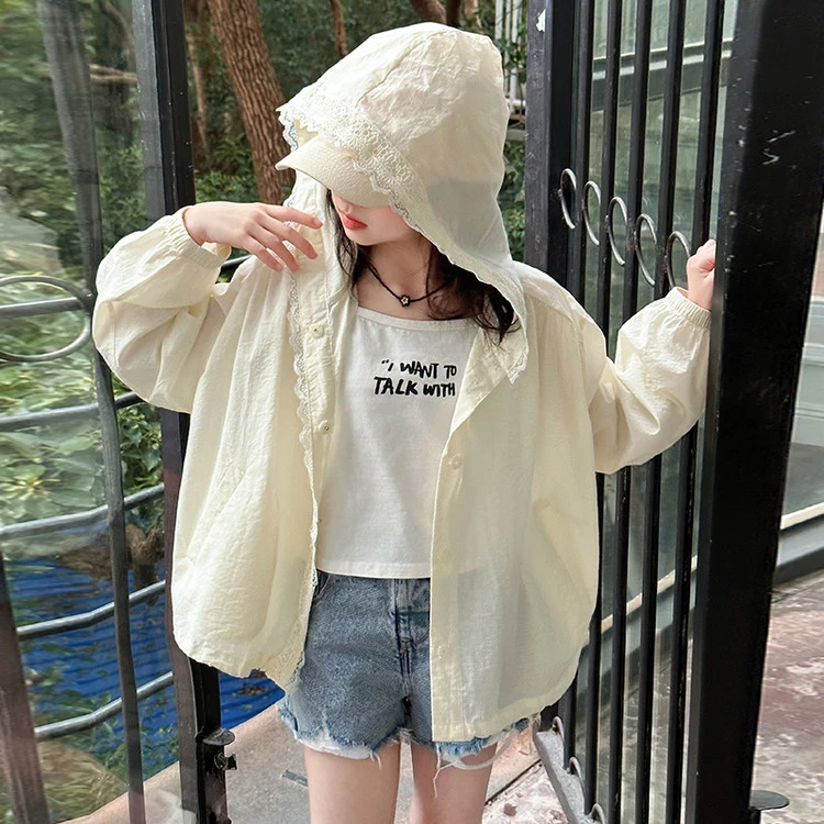 女童夏季防晒衣外套薄款花边洋气时尚连帽夏装防紫外线上衣中大童