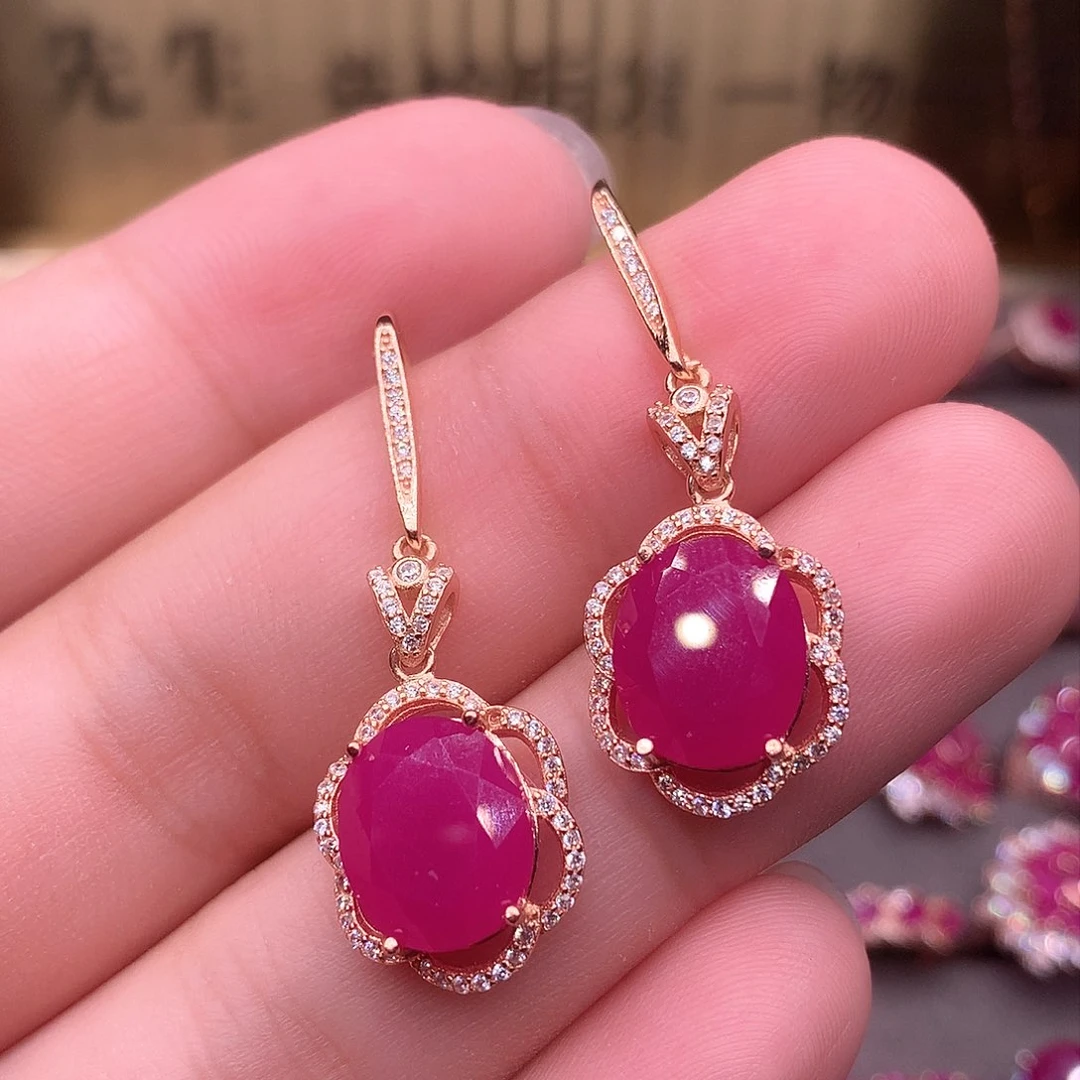 红宝石耳饰银S925镶嵌