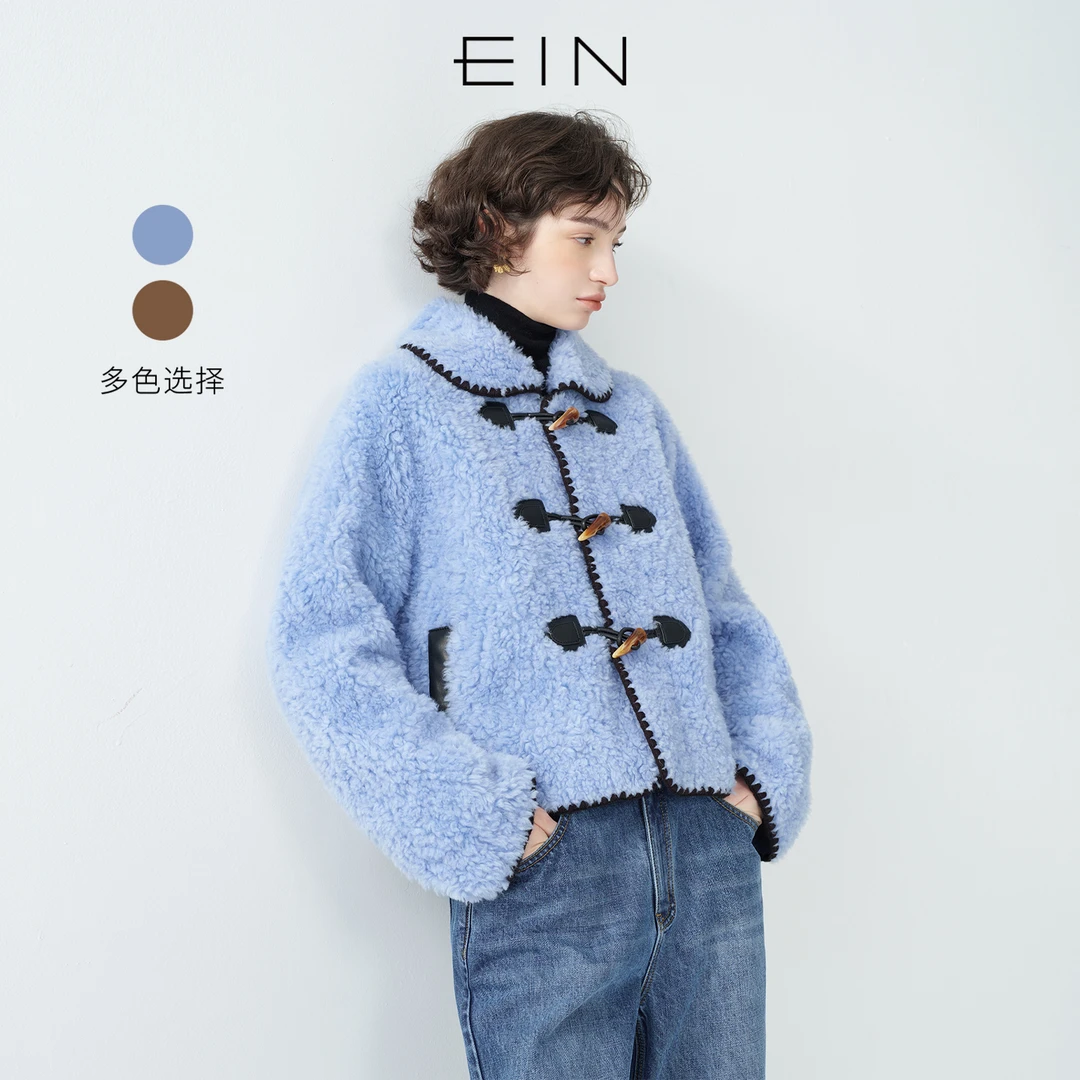 EIN/言学院风仿皮草绵羊毛绒娃娃领贝壳绣短外套20225早秋新款