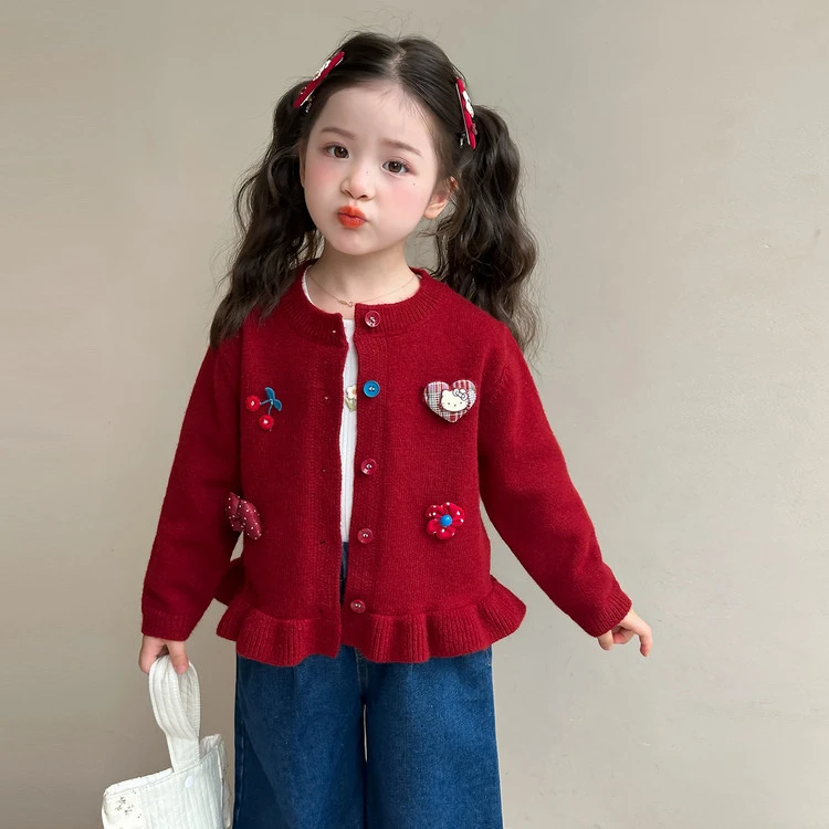 儿童红色针织衫秋冬款女童毛衣2025新款宝宝上衣韩版童装开衫外套