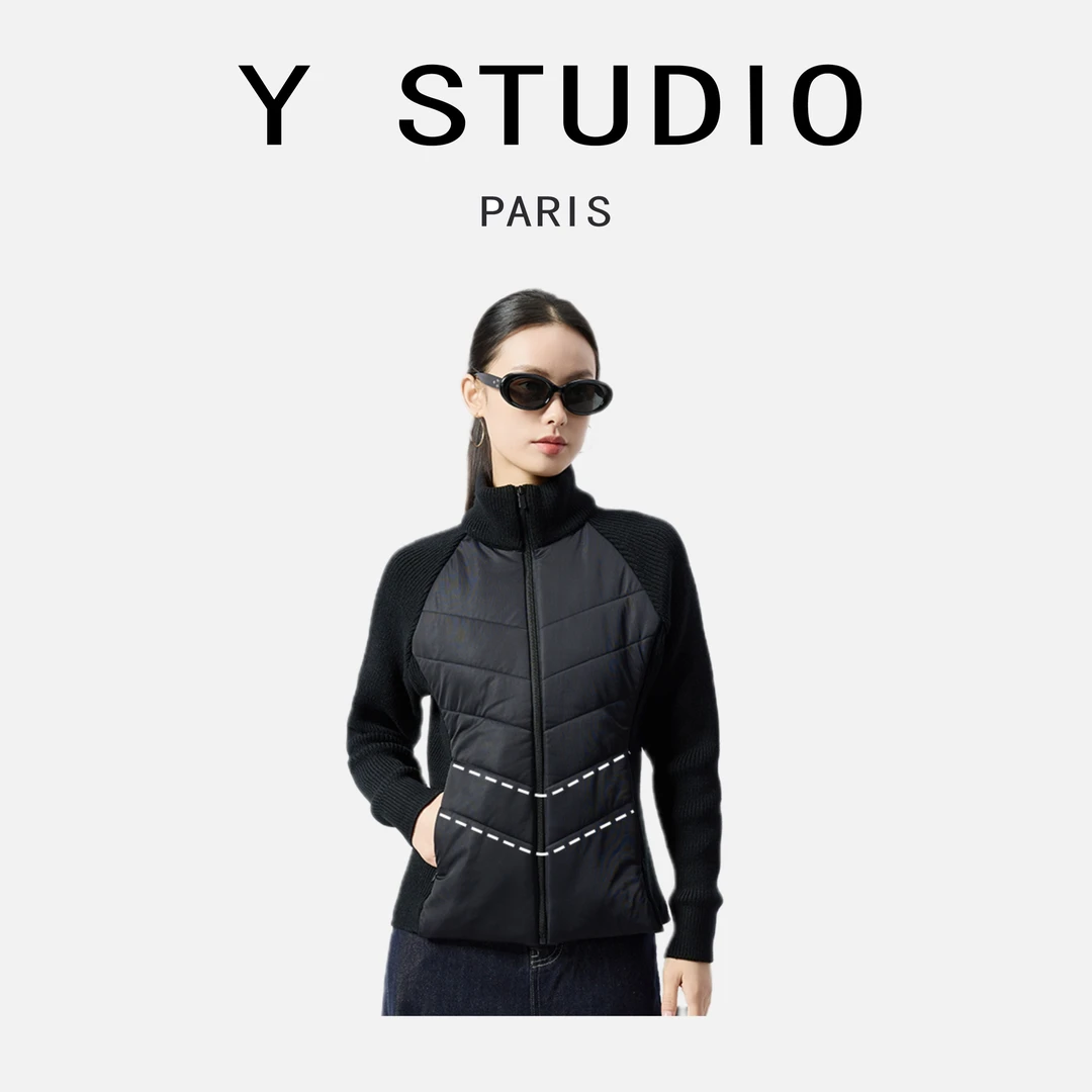 Y.STUDIO【帕米尔】100％羊毛针织拼接轻量化棉服保暖修身塑身外套