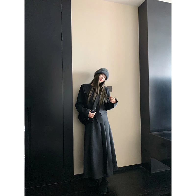 【现货6折】小君君布兰妮 纽约艺术生/时髦立裁格雷系羊毛呢套装