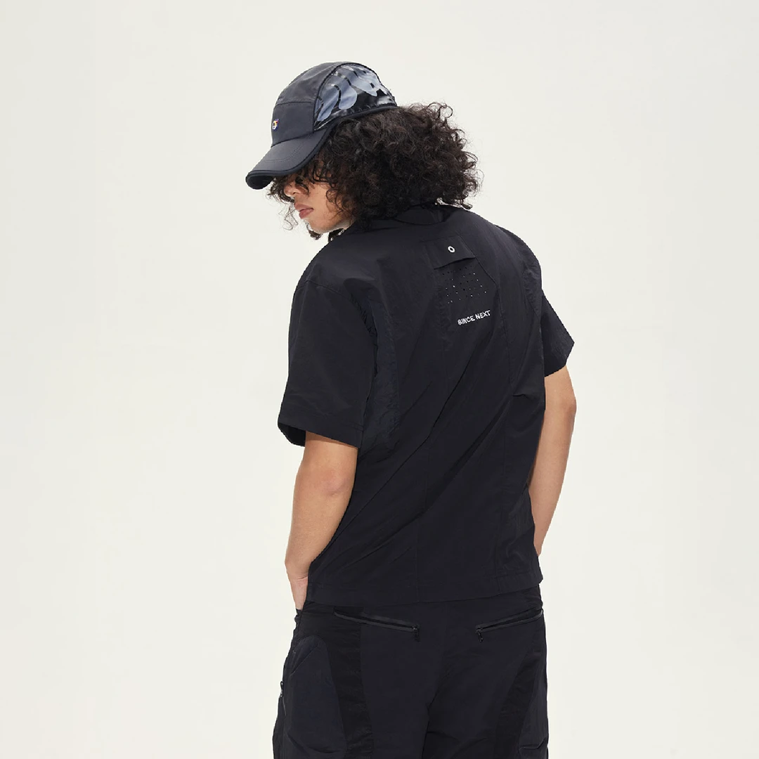 SINCE NEXT 裁片拼接衬衫 网眼透气 翻领拉链 尼龙短袖