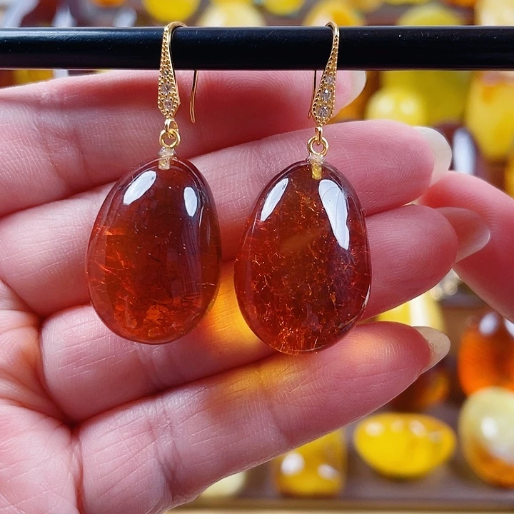 琥珀银S925镶嵌裸石耳环