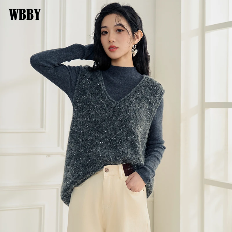 外穿毛衣马甲女款2025新款爆款秋冬灰色亮片羊毛V领简约时尚洋气