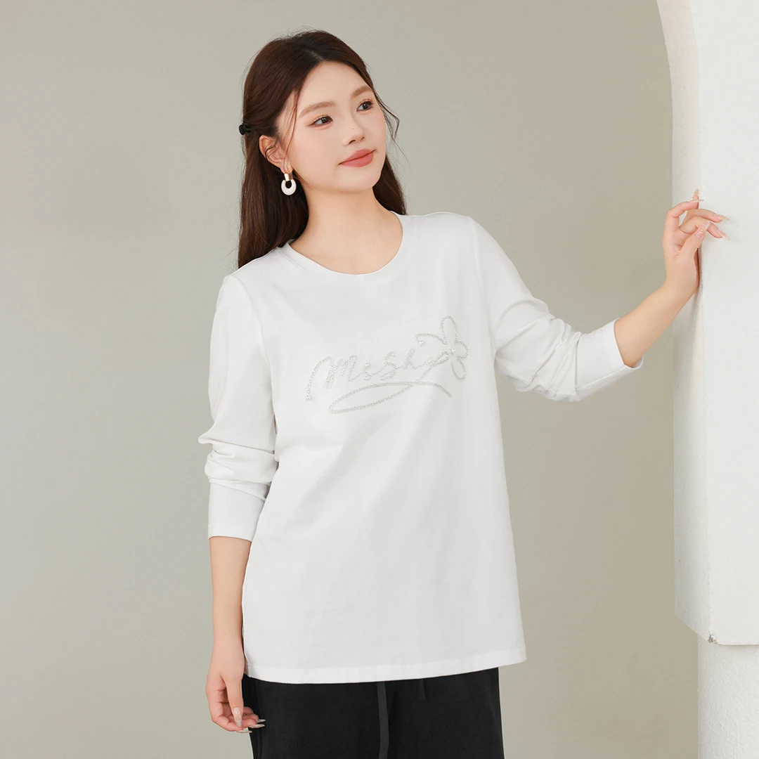 【磨毛舒柔棉】MsShe大码女装2025春季重工安可拉红长袖T恤E2409044