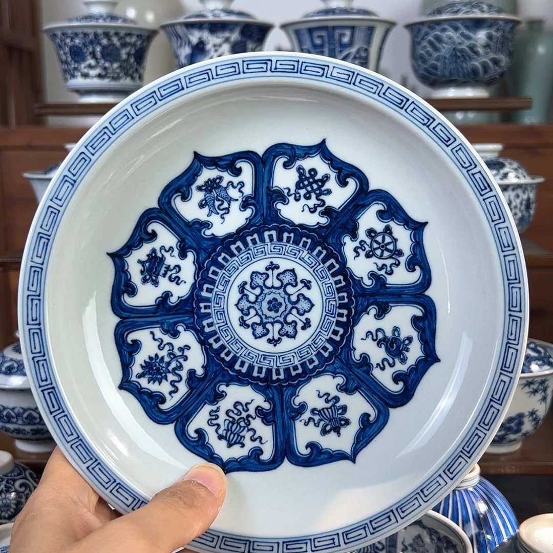 明青花八宝纹壶承茶盘