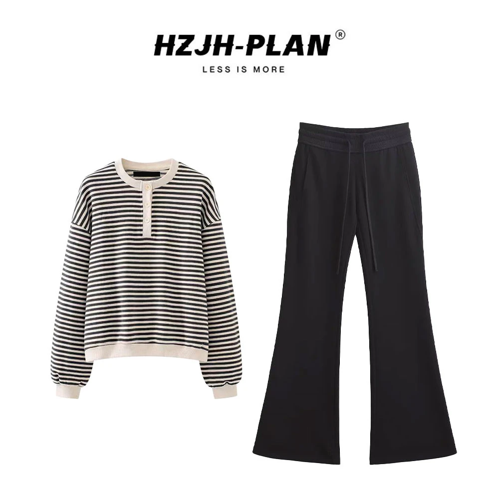 日系休闲慵懒条纹长袖针织上衣直筒系带百搭休闲裤两件套