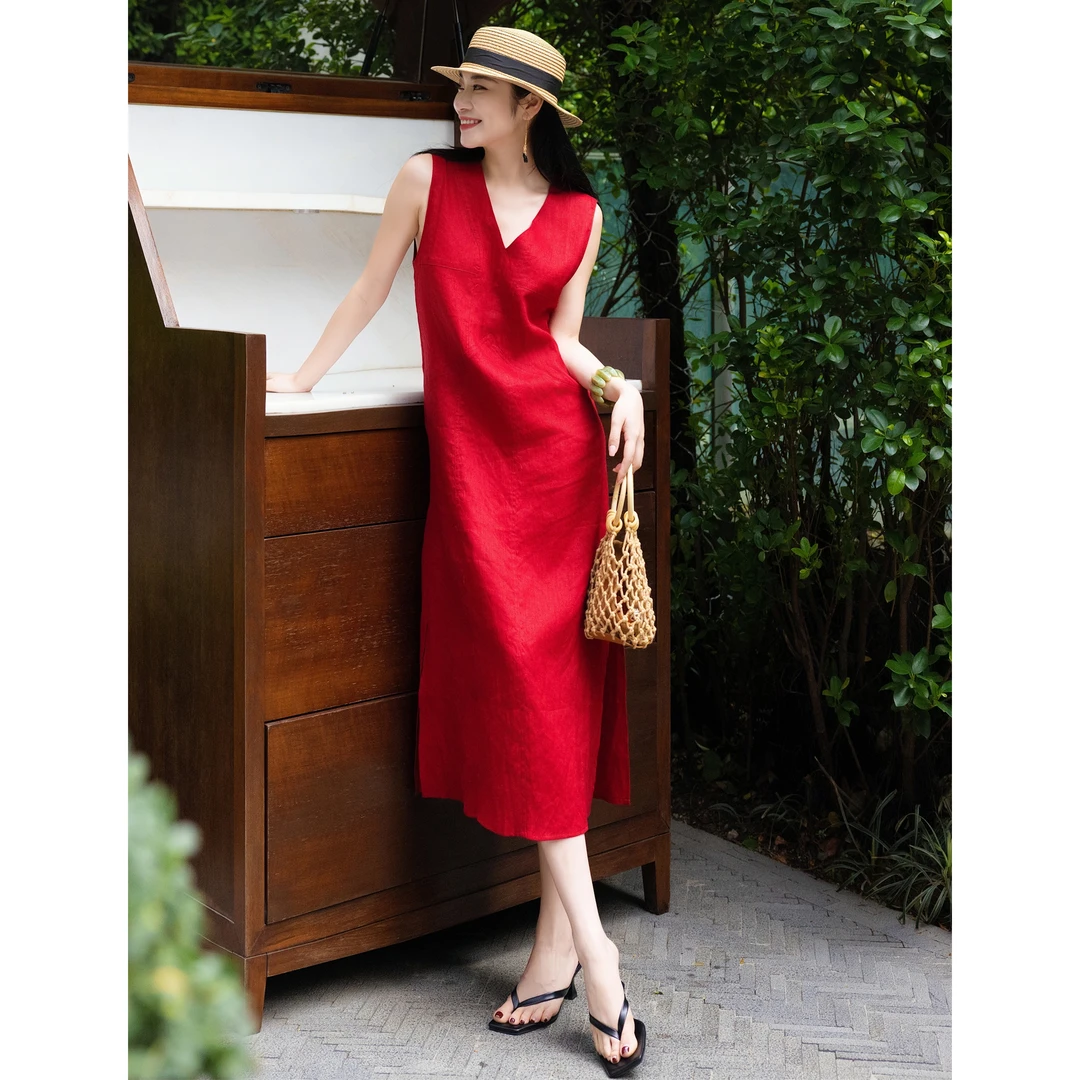 ZEROYK红色亚麻背心连衣裙女夏季新款时尚名媛气质休闲度假风长裙