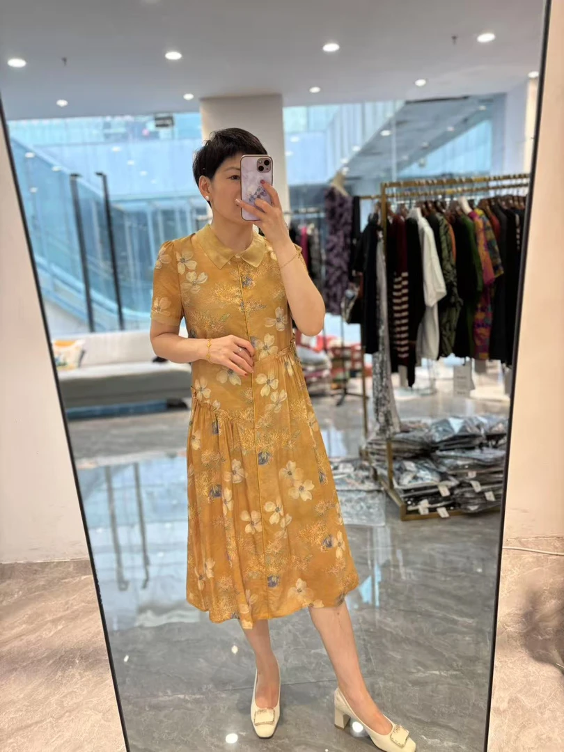 【丽丽家】夏季新款新中式翻领立体显瘦黄色连衣裙077