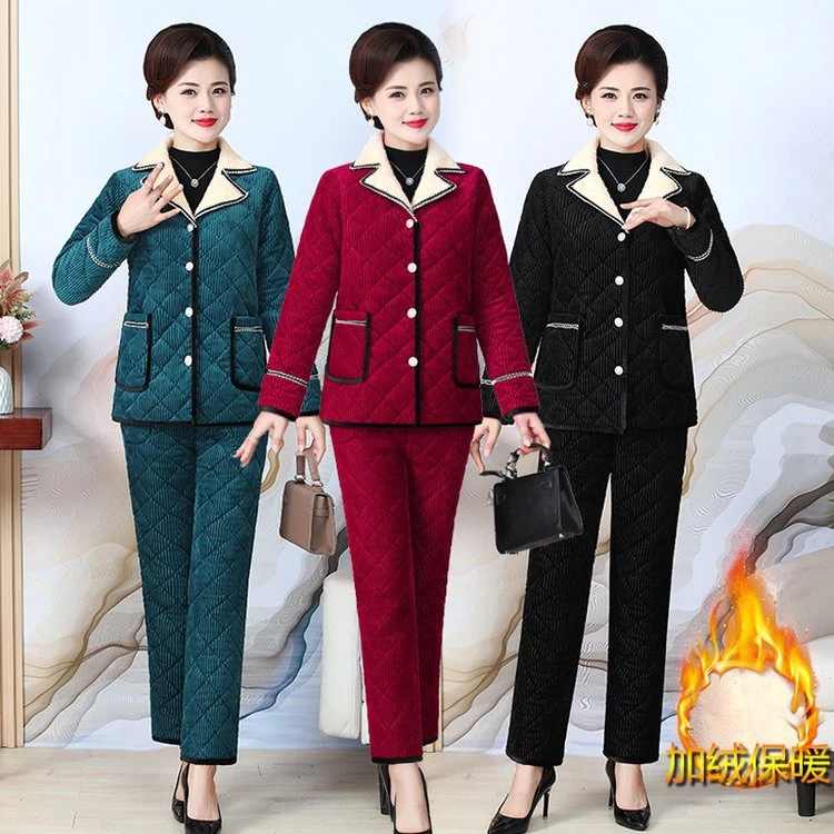 新款冬季加绒加厚保暖套装时尚妈妈装家居服