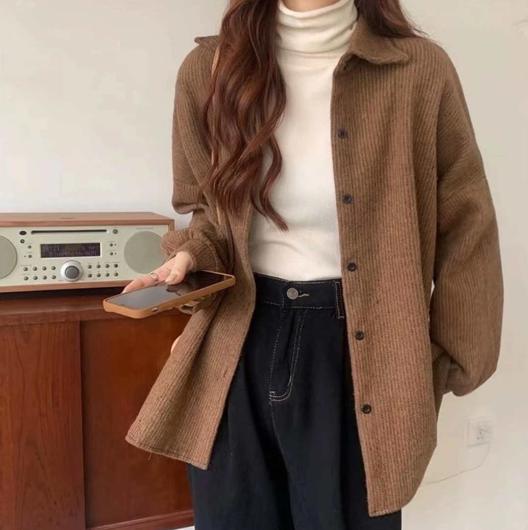 （运补6-10）设计感小众秋季大码宽松港味慵懒长袖叠穿衬衣外套开衫