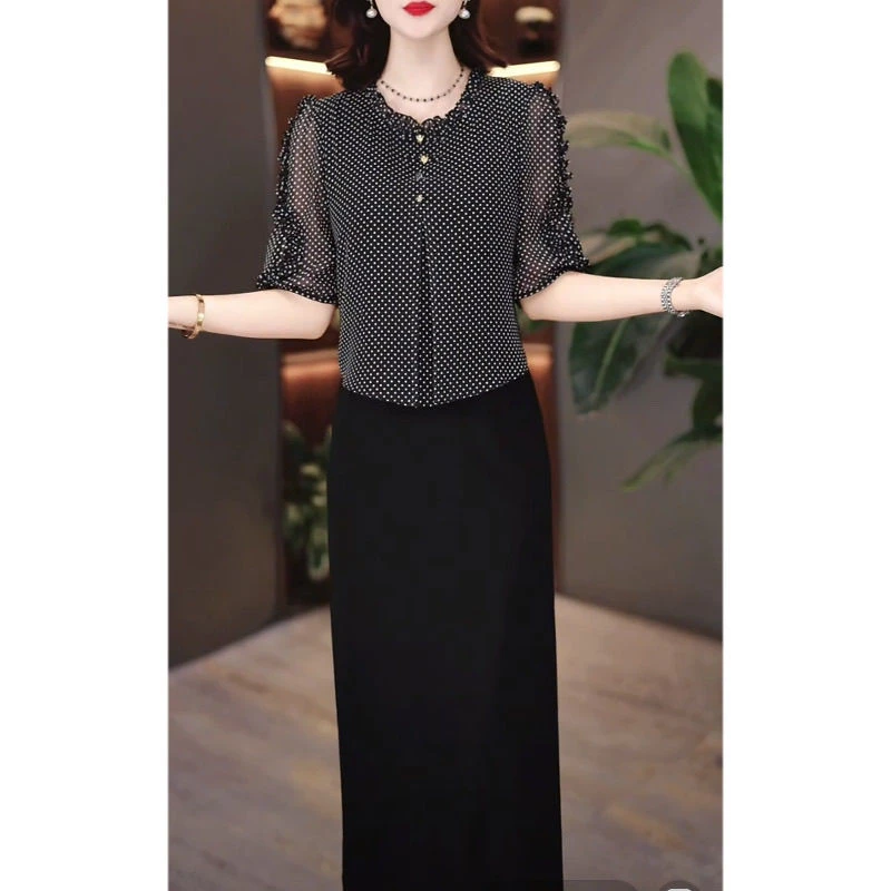 高级琉璃丝时尚洋气百搭碎花假两件礼服裙2025春夏新款显瘦连衣裙