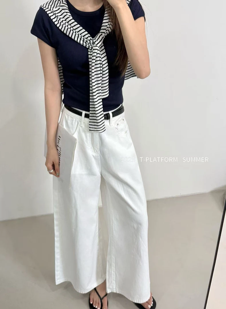 T台 福（1tt25529#）白牛、软牛仔阔腿牛仔裤 6-14