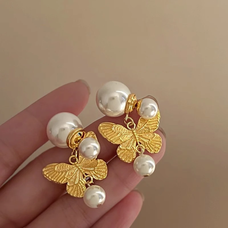 铜合金仿珍珠耳饰 少女风法式蝴蝶/蜻蜒/少女温柔设计感素款优雅