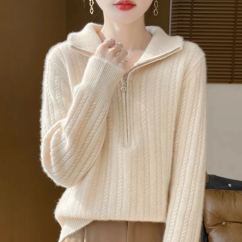 【崔万志工厂】半高领小麻花加厚毛衣半拉链上衣羊毛衫