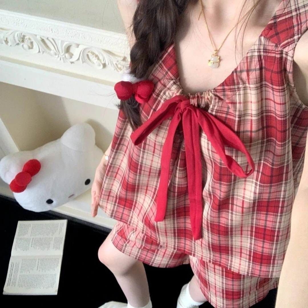 吊带背心红格子睡衣女带胸垫夏季无袖短裤宽松韩版复古百搭家居服