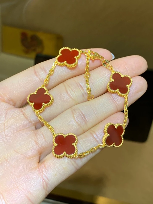 全新足金红色四叶草五花手链