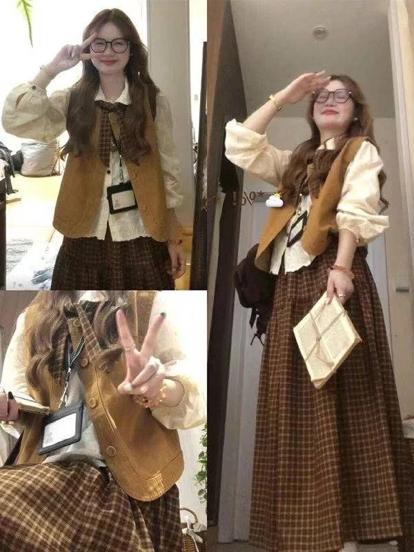 2025早秋季气质温柔风长袖上衣搭配马甲开衫+格纹半身裙+领带