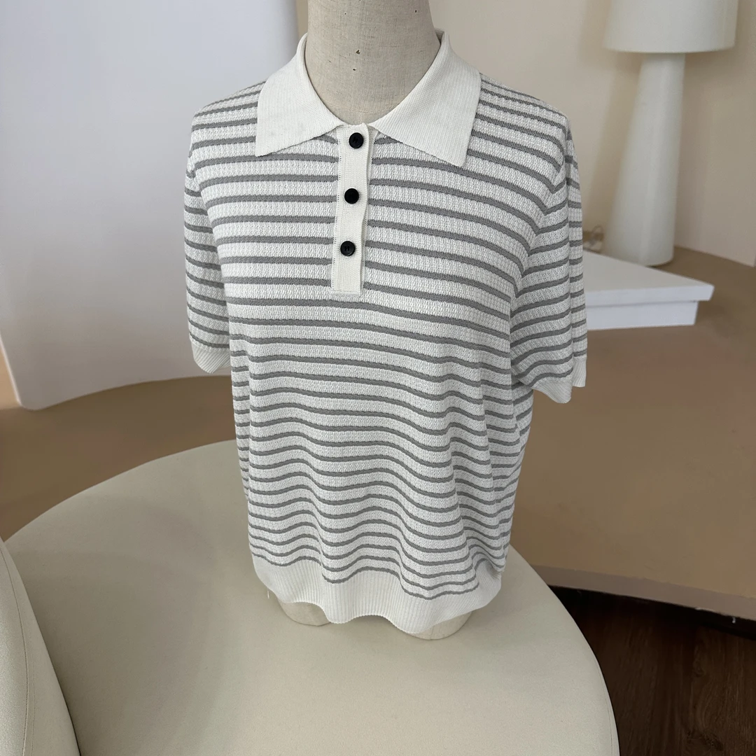 【康赛妮桑蚕丝系列】POLO领条纹100桑蚕丝翻领t恤针织短袖T恤女