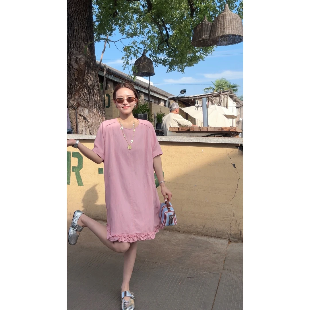 意意.设计时尚休闲简约夏季拼接宽松花苞麻料连衣裙YY00438