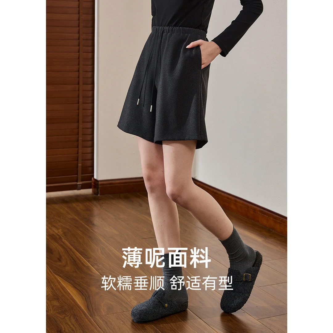 库恩玛维薄款呢子休闲短裤女2025秋冬新款基础款系带松紧腰直筒裤