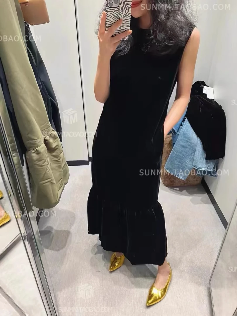 灰灰呀！韩系复古设计感下摆拼接百搭丝绒背心连衣裙