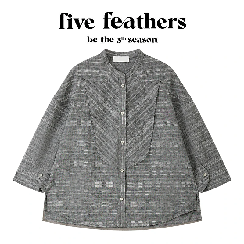 five feathers法式田园风 肌理棉立领泡袖斑驳色浮片衬衫上衣1342