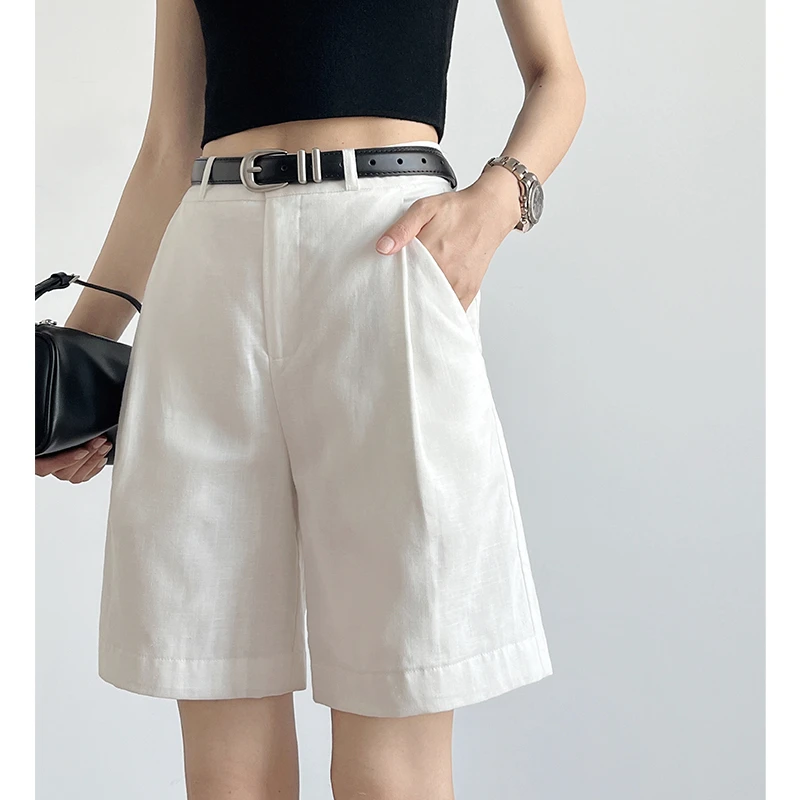 白色天丝亚麻短裤女外穿夏薄款小个子老钱风a字宽松西装5五分中裤