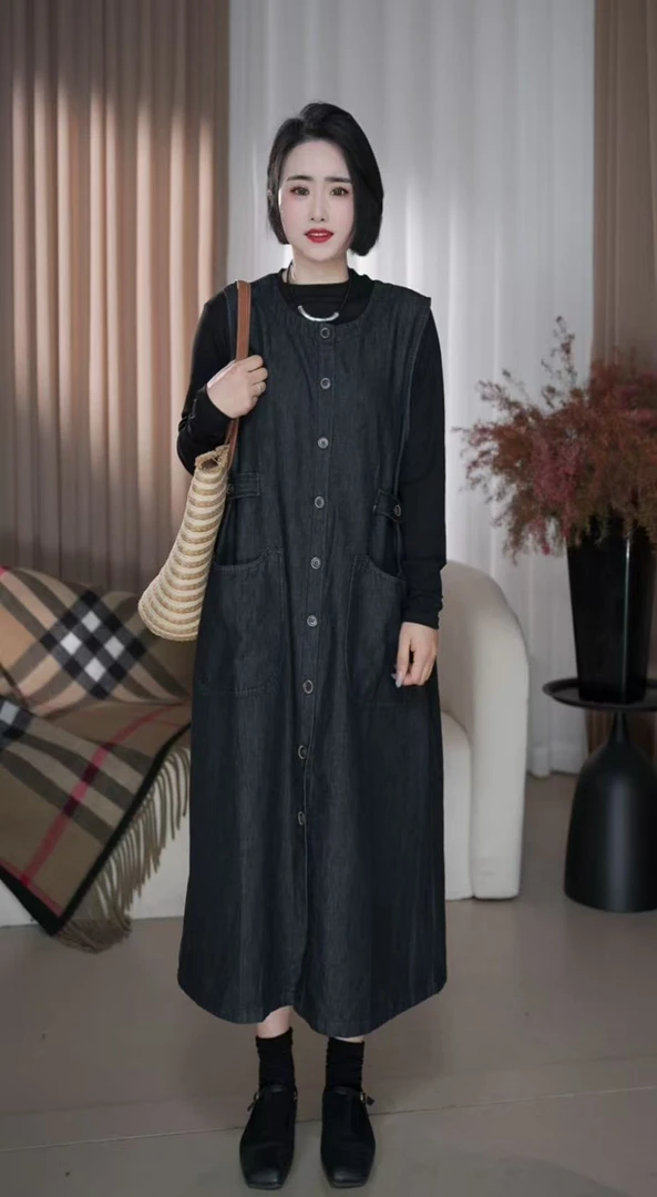 韩版牛仔无袖背心裙圆领创意双口袋简约春秋季百搭显瘦纯色单排扣