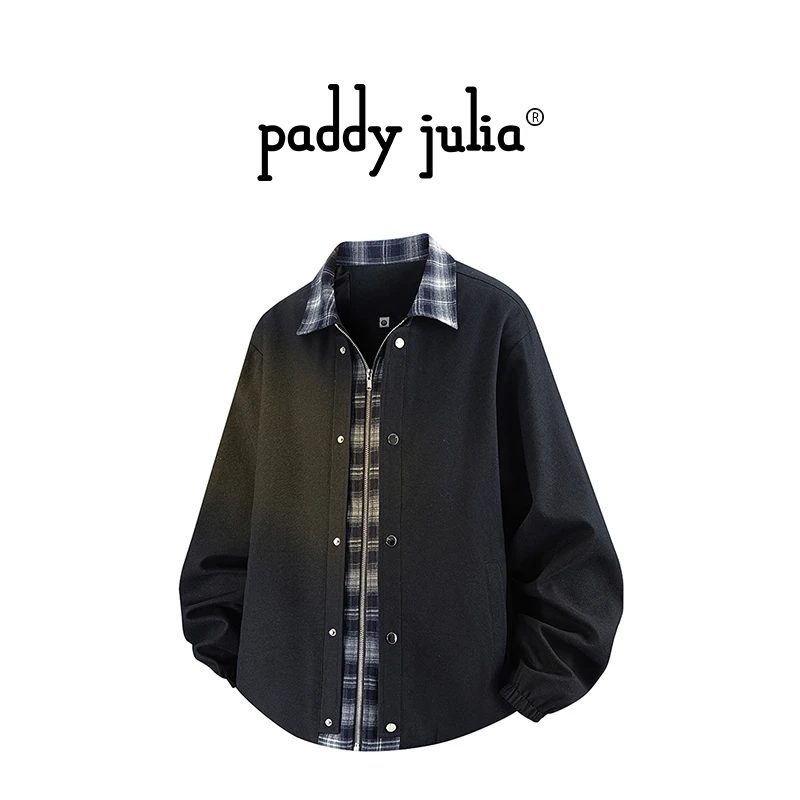 Paddy julia拼接夹克外套男秋季宽松休闲潮流外套翻领设计感男装
