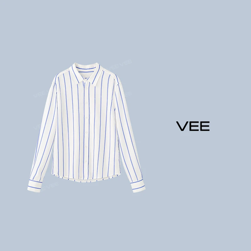 VEE【腔调lady】新款时尚休闲简约百搭通勤蓝色条纹长袖衬衫
