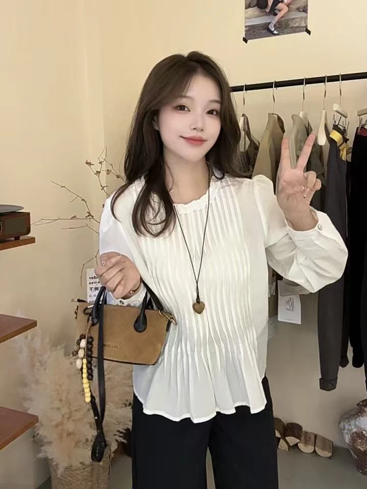 【清木子】长袖圆领压褶白色INS风衬衫6571