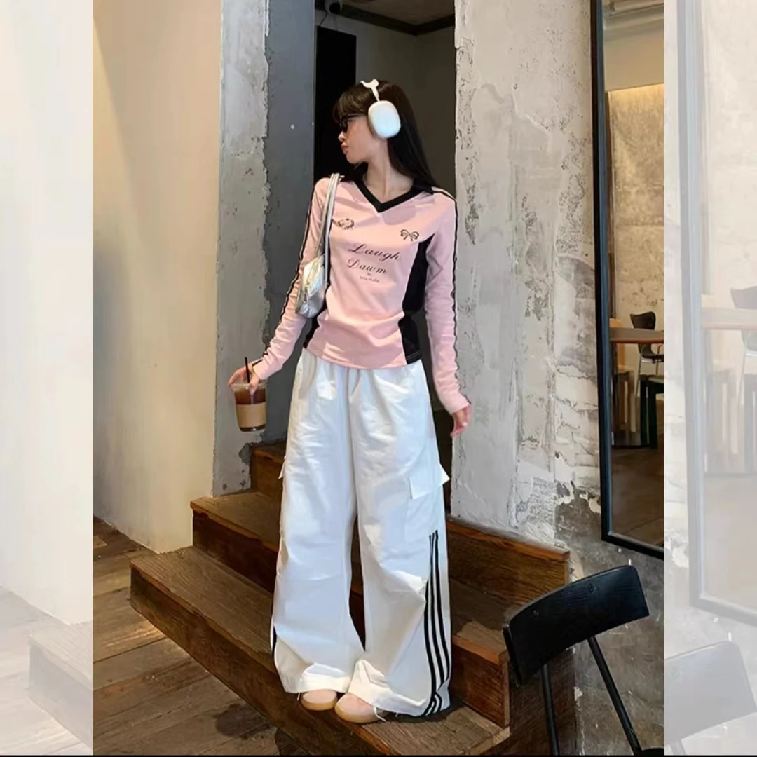 清清  宋正恩美式条纹宽松工装裤女秋高腰直筒运动休闲裤AA9197