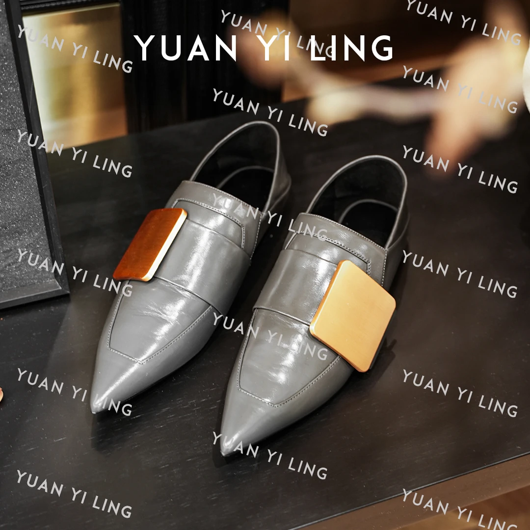 袁艺灵【高奢系列】尖头方扣油蜡皮鞋英伦风高级感尖头鞋真皮款