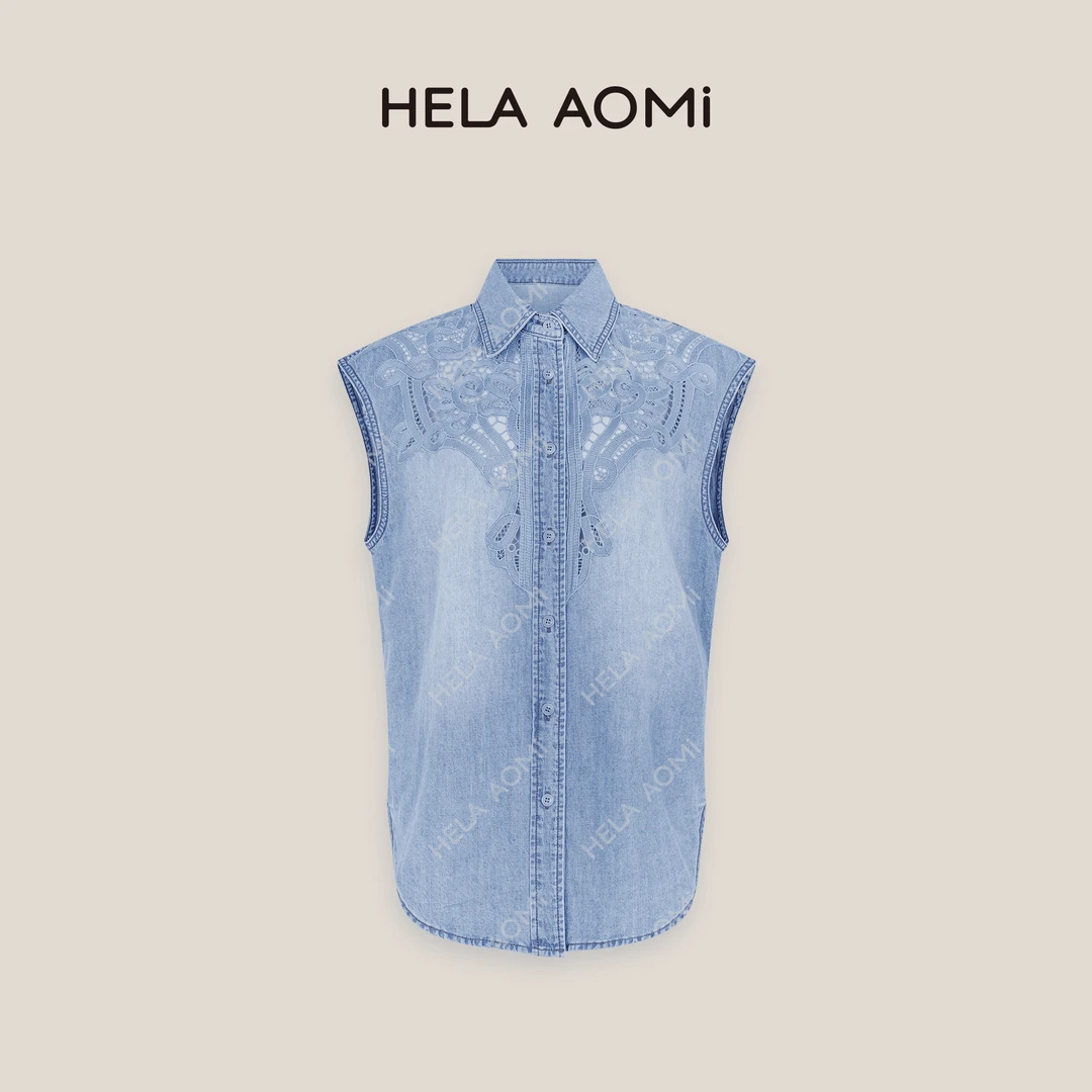 HELAAOMI“镂空牛仔”亚麻重工刺绣镂空钩花无袖百搭衬衫CY5BX20052