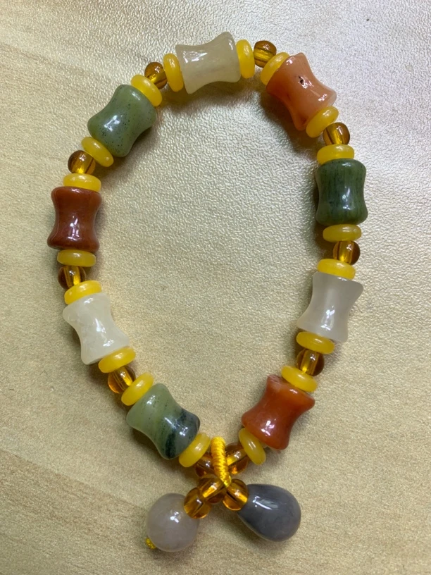 A20006竹节带坠金丝玉手链 新疆克拉玛依金丝玉五彩南瓜珠手链 糖