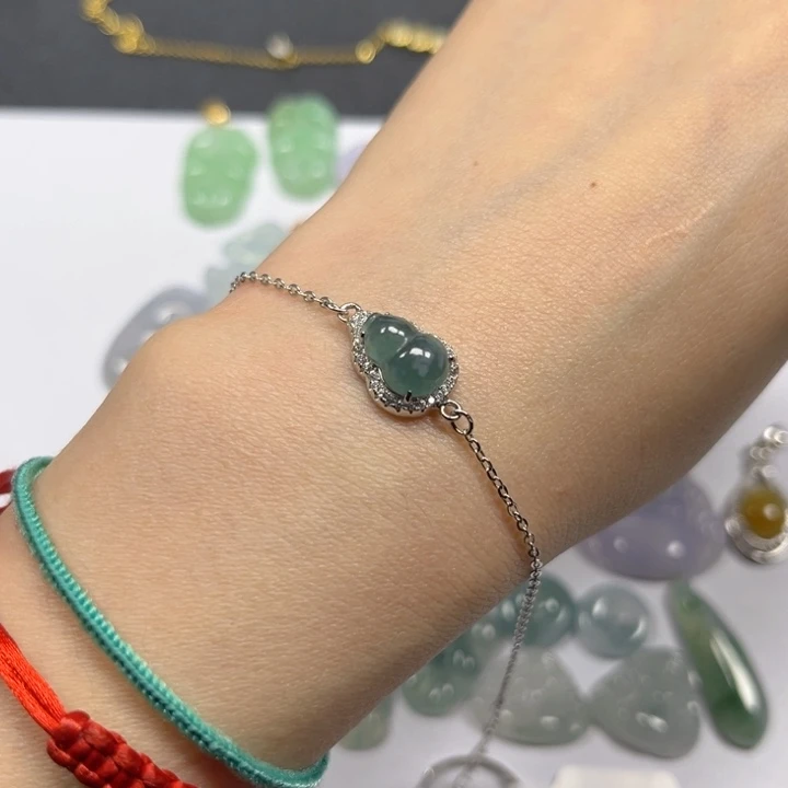 翡翠颈饰银S925镶嵌缅甸翡翠葫芦手链