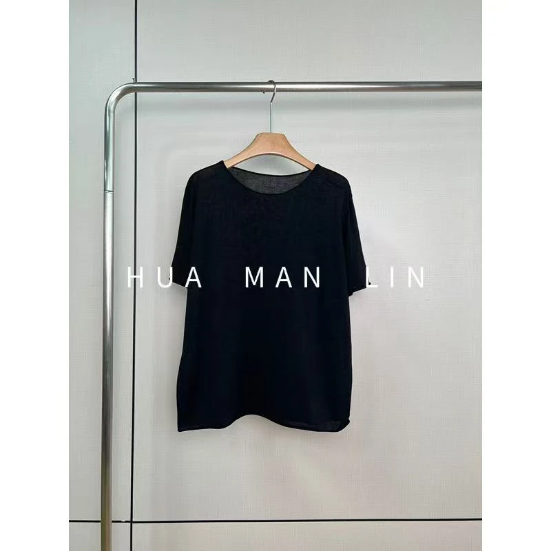 【花满林】圆领净版卷边黄金蚕丝短袖上衣202527