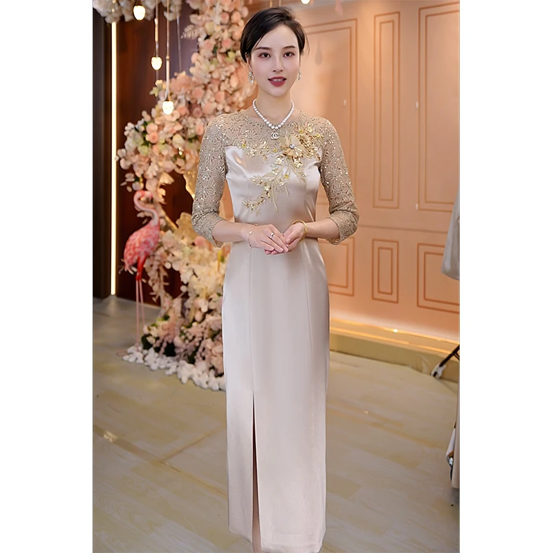 香槟色圆领连衣裙新款时尚气质显瘦优雅喜妈妈喜婆婆婚礼妈妈礼服