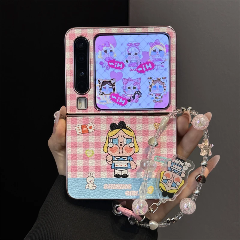 适用华为purax典藏版折叠屏手机壳pocket2电镀粉皮质格纹哭娃链条